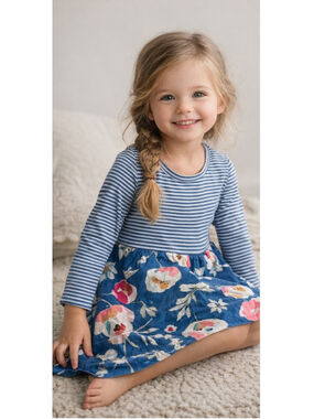Tea Collection Girls Dress Sz. 5 Blue Stripe Floral Long Sleeve Cotton Twirl
